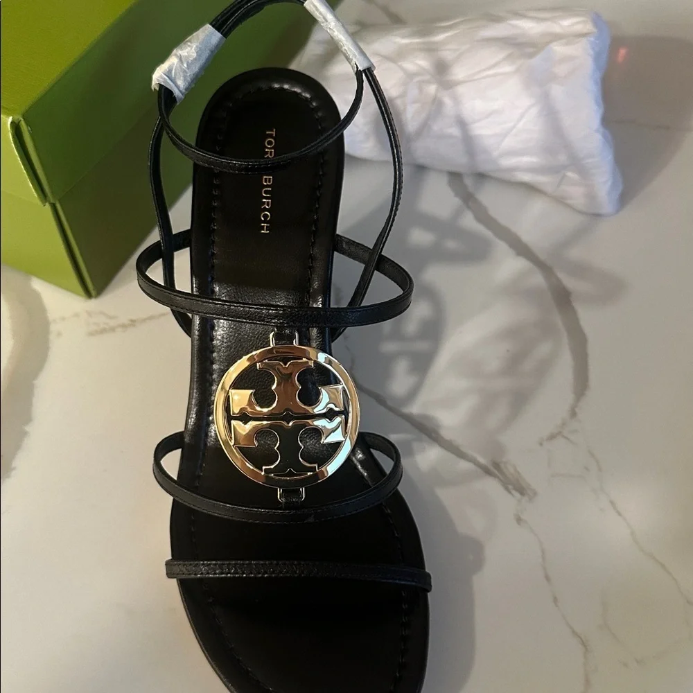 Tory Burch Black Wedge Sandals with Gold Accent
